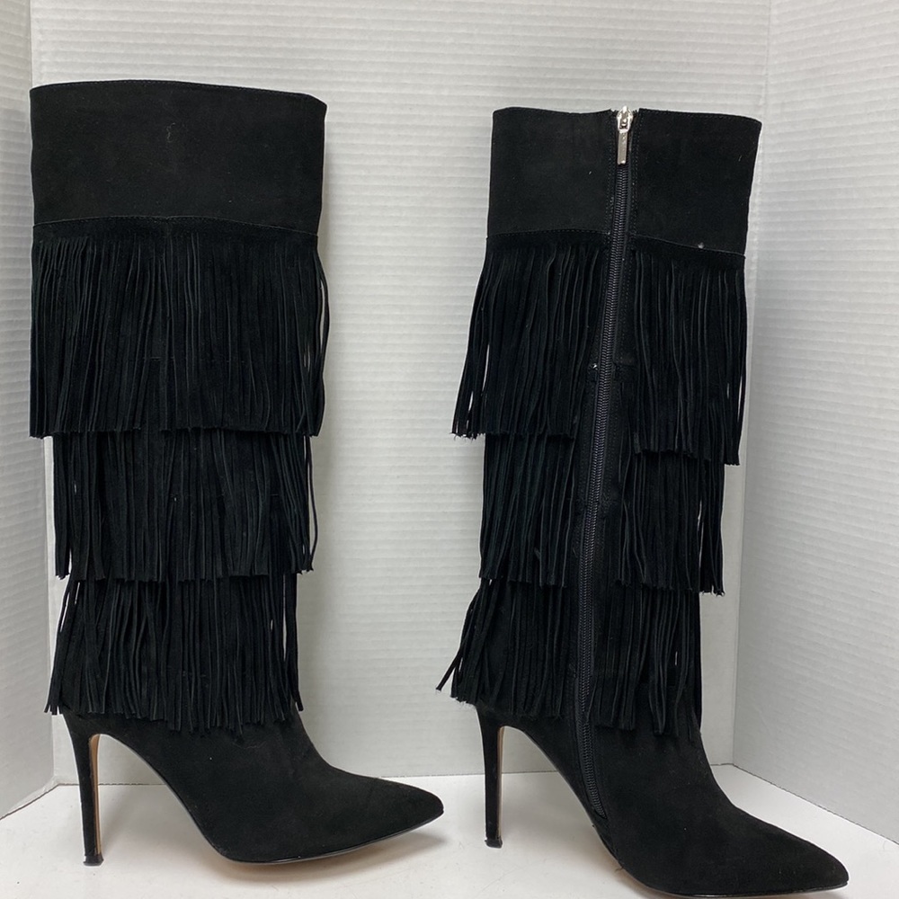 Express Black Fringe Knee High Boots Women’s Size 7 Pointed Toe Stiletto Heels